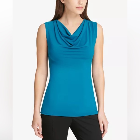 NWOT DKNY teal blue swoop neck top - size small - Picture 8 of 8